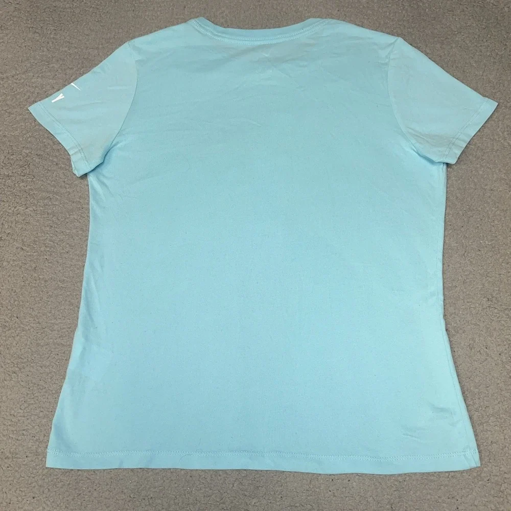 Nike Fly Just Do It T Shirt Women's Sz L Blue Dri-Fit Flaming Net Tee DM2569-482